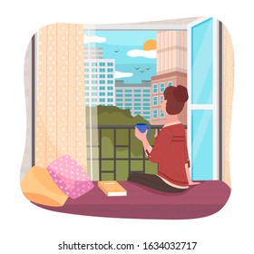 Female character sitting on windowsill looking outside window. Woman drinking tea or coffee enjoying cityscape and urban lifestyle. Young girl in apartment with book. Skyline view vector in flat