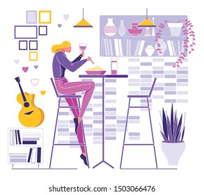 Female Character Sitting at Table on Chair Holding Glass of Wine Drinking and Eating Delicious Pasta for Dinner Chopsticks in Cozy and Silence Interior. Modern woman. Vector Illustration.
