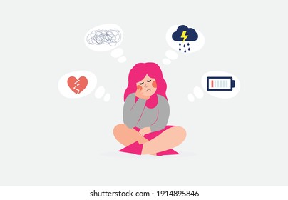 Female character sitting and thinking sadly. Adolescent girl with mental illness symptoms. Woman having anxiety, broken heart, stress and depression. Concept of negative emotions and feelings. Vector.