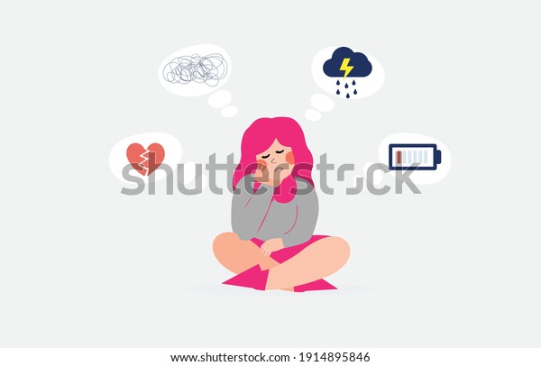 Female character sitting and thinking sadly.\
Adolescent girl with mental illness symptoms. Woman having anxiety,\
broken heart, stress and depression. Concept of negative emotions\
and feelings. Vector.