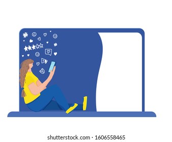 Female character sitting and using her phone. Girl wearing in casual clothes browsing on internet. Social media networks. Vector illustration. 