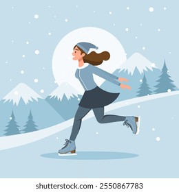 Female character skating on ice on winter landscape background. Winter sport, outdoor sport activity. Flat illustration