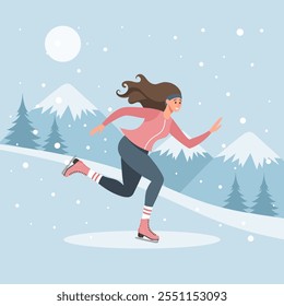 Female character skating on ice on winter landscape background. Winter sport, outdoor sport activity. Flat illustration