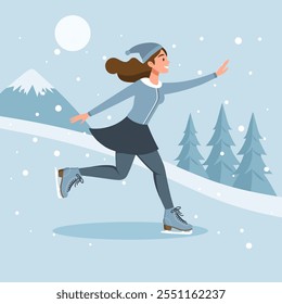 Female character skating on ice on winter landscape background. Winter sport, outdoor sport activity. Flat illustration