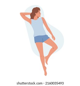 Female Character Sleeping Pose Lying on Back in Bed with Arm under Head Top View. People Night Relaxation, Girl Wear Pajama Sleep or Nap Isolated on White Background. Cartoon Vector Illustration