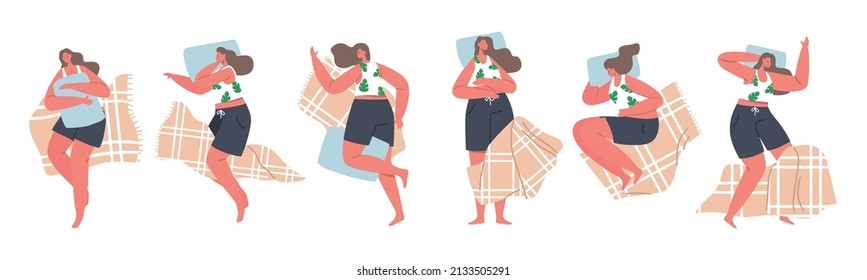 Female Character Sleeping Poses, Girl Lying in Bed in Various Comfortable Positions Top View. Woman Sleep, Bedtime, Nighttime Relaxation Isolated on White Background. Cartoon Vector Illustration