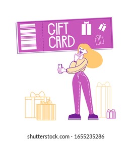 Female Character with Smartphone Stand near Gift Boxes and Huge Gift Card. Festive Sale and Shopping Promotion Offer, Woman Using Coupon for Buying Goods Cartoon Flat Vector Illustration, Line Art