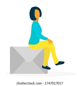 Female character with smm symbol. representative of 
successful business social media marketing campaign. woman 
sitting on message sign. Cute vector illustration in flat style. 