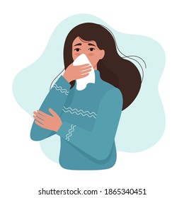 Female character sneezing and coughing in napkin. Virus prevention spread. Vector illustration in flat style