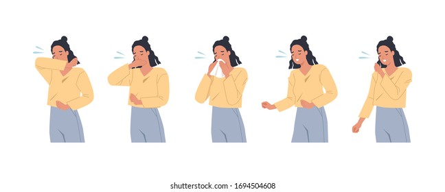 Female character sneezing and coughing right and wrong. Woman coughing in arm, elbow, tissue. Prevention against virus and infection. Vector illustration in a flat style