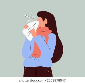 Female character sneezing and coughing right and wrong. Woman coughing in arm, elbow, tissue. Prevention against virus and infection. Vector illustration in a flat style