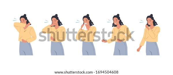 Female character sneezing\
and coughing right and wrong. Woman coughing in arm, elbow, tissue.\
Prevention against virus and infection. Vector illustration in a\
flat style