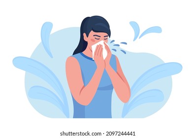 Female character sneezing, coughing in tissue. Prevention against virus, infection. Sick woman sneeze in handkerchief to prevent germs from flying from their mouths. Season allergy. Virus protection