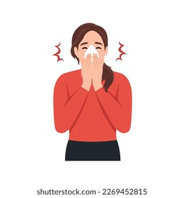 Female character sneezing, coughing in tissue. Prevention against virus, infection. Sick woman sneeze in handkerchief to prevent germs from flying from her mouth. Flat vector illustration isolated on 