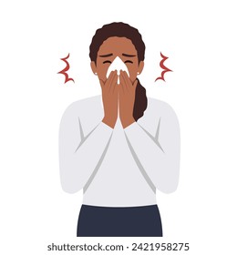 Female character sneezing, coughing in tissue. Flat vector illustration isolated on white background