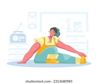 Female character in socks warming up before physical education. Care for joints of legs, ankles. Time for fitness at home. Rhythmic exercises to music, fun classes without rush