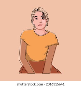 female character with soft color, short hair and sitting on a chair