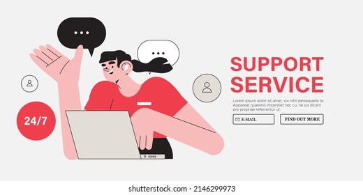 Female character specialist from customer service or technical support working on laptop in office. Concept of online support or assistance, call center or e-commerce banner, landing page design.