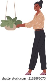Female character spends time with plants and grow bush in hanging pot at her garden at home. Woman takes care for flower in flat cartoon style. Person touches with hands green isolated potted plant