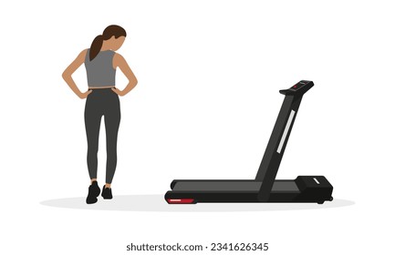 A female character in a sports uniform is warming up near a treadmill on a white background