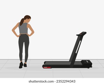 A female character in a sports uniform is warming up near a treadmill indoors