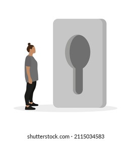 Female character in sportswear looks through a huge keyhole on a white background