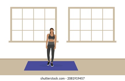 Female character in sportswear on a sports mat in a gym