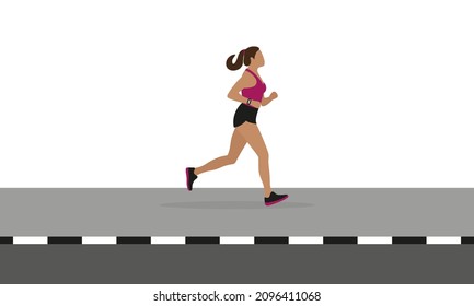 Female character in sportswear running on the sidewalk on a white background