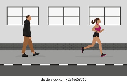 Female character in sportswear running on the sidewalk and the male character is walking along the sidewalk