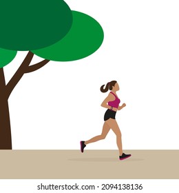 Female character in sportswear running outdoors in summer