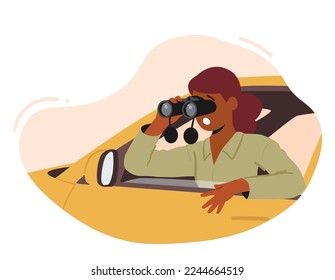 Female Character Spying, Woman Detective, Agent, Investigator or Business Competitor Sitting in Car Looking in Binoculars, Collecting Private Information or Clews. Cartoon People Vector Illustration