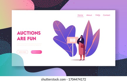 Female Character Stand at Bid Banner during Online Auction Deal Buying Arts Landing Page Template. Woman Collector Buy Assets in Internet Using Online Platform. Charity. Cartoon Vector Illustration