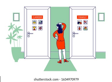 Female Character Stand Front Of Two Doors With Career And Family Inscription. Modern Woman Making Choice In Life Go To Business Or Stay At Home As Housewife. Cartoon Flat Vector Illustration, Line Art