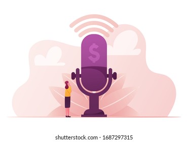 Female Character Stand at Huge Microphone with Dollar Sign Talking about Finance. Money Talks and Financial Radio or Tv Program Broadcasting. Businesswoman Speak of Money. Cartoon Vector Illustration