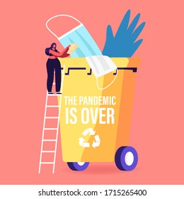 Female Character Stand on Ladder Throw Out Medical Mask into Huge Litter Bin with Recycling Sign after Coronavirus Covid19 Pandemic. Quarantine and Home Isolation Finish. Cartoon Vector Illustration