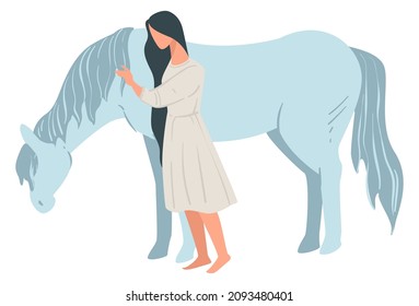 Female Character Standing By Equine Animal, Isolated Woman With Horse Or Pony. Care For Pet, Stallion Or Mare, Preparing For Race Or Dressaige. Girl In Dress In Farm Or Ranch. Vector In Flat Style