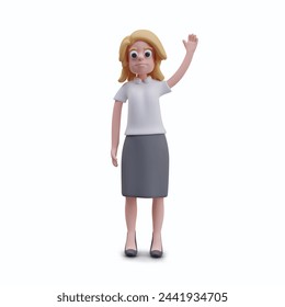 Female character is standing with her hand raised. Office worker asks question, votes
