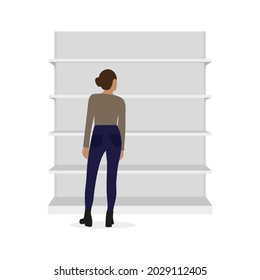 Female character standing and looking at an empty grocery shelf on a white background