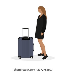 A female character is standing near a suitcase on wheels on a white background