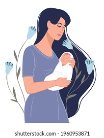 Female character standing with newborn baby wrapped in blanket. Mother with kid with flora and decorative floral elements. Girl with infant, young lady with kid. Motherhood vector in flat style