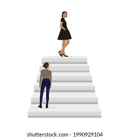 Female character standing on the bottom step looking at a female character standing on the top step