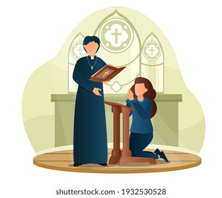 Female character is standing on her knees and making a confession to priest. Male priest is standing with bible in cathedral and lets her sins go. Flat cartoon vector illustration