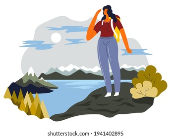 Female character standing on top of mountain, looking at mountains lake or cold pond. Woman with backpack enjoying pine forests and ranges. Natural landscape and beauty. Vector in flat style