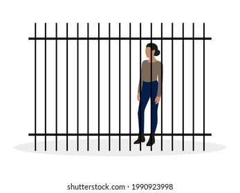 Female character stands behind an iron fence on a white background