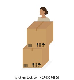 Female character stands behind large closed cardboard boxes