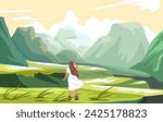 Female character stands at foot of mountains. Girl watching highland scenery. Plain and peak landscapes. Summits covered with snow, traveling and enjoying natural views. Vector in flat style