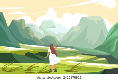 Female character stands at foot of mountains. Girl watching highland scenery. Plain and peak landscapes. Summits covered with snow, traveling and enjoying natural views. Vector in flat style