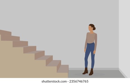 Female character stands in front of stairs indoors