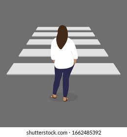 Female character stands with her back near a pedestrian crossing