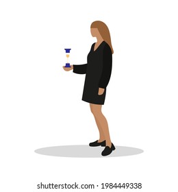 Female character stands and holds an hourglass in her hand on a white background